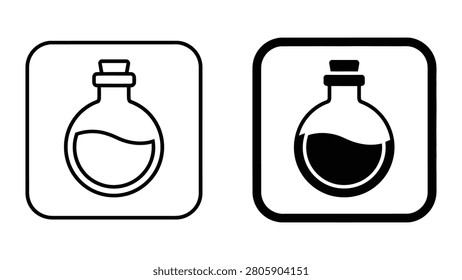 A mystical vector icon set featuring a potion bottle encased in a square frame available in both outline and solid black glyph styles suitable for fantasy games apps or creative web projects.