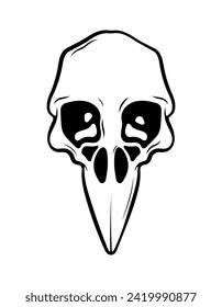 Ilustración mística vectorial. Calavera de cuervo sobre un fondo blanco. Calavera de pájaro dibujada a mano, sketch de líneas. Estilo gótico. Dibujo a mano alzada al estilo Boho. Brujería, mágico atributo vudú para Halloween.