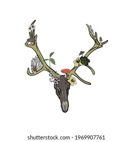 Mystical vector illustration, deer head with antlers and flowers. Print for T-shirt, logo, tattoo, blank. Zentangle stylized Deer Skull 