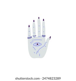 Mystical vector illustration: Hamsa hand with blue eye, emblems of protection and magic. Decorative graphics for amulet designs or fortune teller themes.