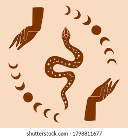 Mystical vector illustration of mudra hands, lunar moon phase and the serpent. Esoteric, spiritual, wicca occult inspired concept. Perfect for Tshirt graphic, cards etc.