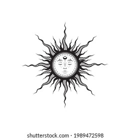 Mystical vector illustration. Sketch tattoo boho sun with a sleeping face