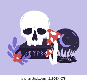 Mystical vector illustration with skull, plants, flowers, magic ball in graphic flat style. Halloween magic isolated clip art for design of party invitation, sticker, card, merch. 