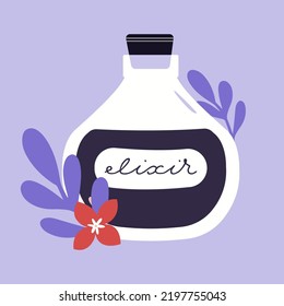Mystical vector illustration with witchcraft, potion, bottle, elixir, plants, vial in graphic flat style. Halloween magical isolated clip art for design of party invitation, sticker, card, merch. 
