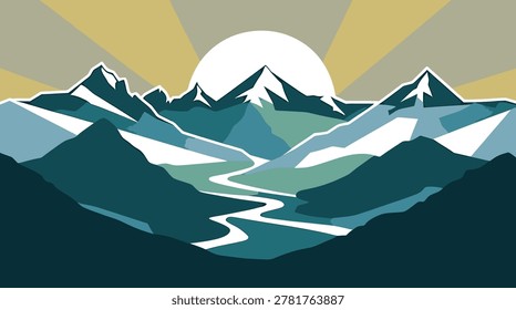 Mystical Vector Landscape Featuring Majestic Mountains, Lush Jungle Forest, Flowing River, and Glowing Moonlight Scene
