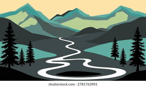 Mystical Vector Landscape Featuring Majestic Mountains, Lush Jungle Forest, Flowing River, and Glowing Moonlight Scene