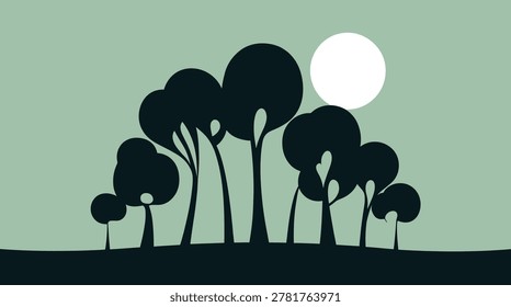 Mystical Vector Landscape Featuring Majestic Mountains, Lush Jungle Forest, Flowing River, and Glowing Moonlight Scene