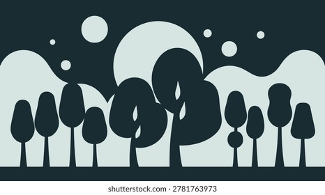 Mystical Vector Landscape Featuring Majestic Mountains, Lush Jungle Forest, Flowing River, and Glowing Moonlight Scene
