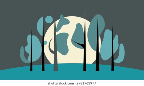Mystical Vector Landscape Featuring Majestic Mountains, Lush Jungle Forest, Flowing River, and Glowing Moonlight Scene