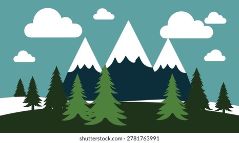 Mystical Vector Landscape Featuring Majestic Mountains, Lush Jungle Forest, Flowing River, and Glowing Moonlight Scene