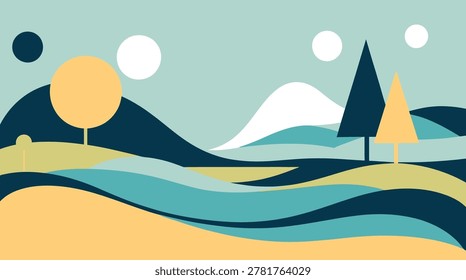 Mystical Vector Landscape Featuring Majestic Mountains, Lush Jungle Forest, Flowing River, and Glowing Moonlight Scene