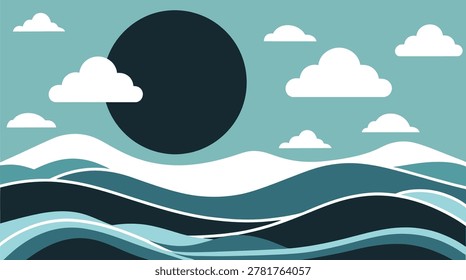 Mystical Vector Landscape Featuring Majestic Mountains, Lush Jungle Forest, Flowing River, and Glowing Moonlight Scene