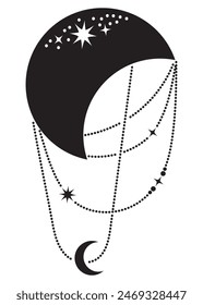Mystical vector moon with stars and beads in black color. Astrology composition design