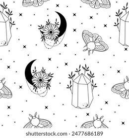 Patrón de Vector místico en color negro con polilla, luna creciente, flor y cristales