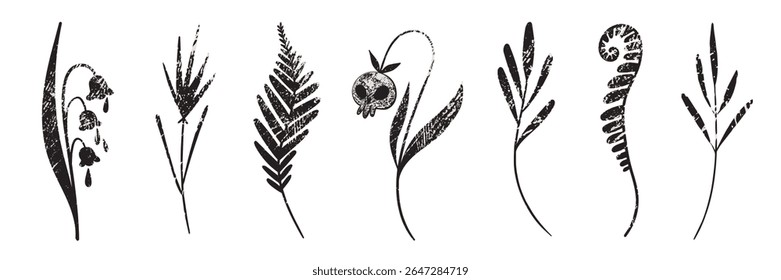 Plantas vetoriais místicas em estilo neofolk. Ervas desenhadas a tinta com textura de conto de fadas vintage. Perfeito para projetos de design ocultos, boho, inspirados na natureza ou espirituosos.