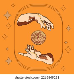 Mystical Vector Posters boho. Hands going to touch together against the backdrop of space. Abstract engraving illustration with esoteric, spiritual, geometric, astrology, magic themes, card or posters