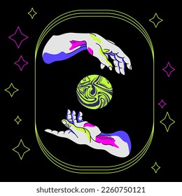 Mystical Vector Posters. Hands going to touch together against the backdrop of space.  Abstract engraving illustration with esoteric, spiritual, geometric, astrology, magic themes, card or posters 