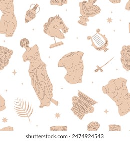 Mystical vector seamless pattern with ancient sculptures: Aphrodite de Milo, male torso, tiger head, harp, jug, etc. Ideal for wallpaper, background or textile.