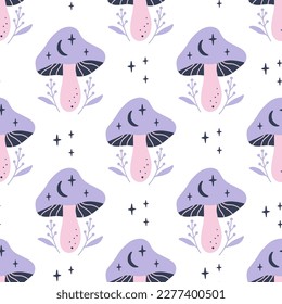 Mystical vector seamless pattern with celestial mushrooms, moon, stars. Hand drawn magical fungi vector illustration. Witchy background. Whimsical fantasy print for fabric, wrapping, digital paper.