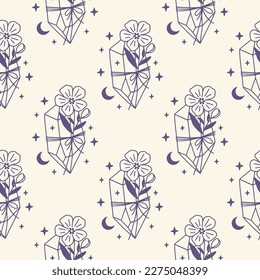 Patrón místico vectorial sin fisuras con cristal floral, luna. Papel digital celestial de Boho. Dibujo manual de ilustración mágica. Impresión esotérica para tela, papel digital, envoltura.