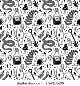 Mystical vector seamless pattern with hand-drawn magical and occult illustrations. Magic elements: snake, bird skull, fern, toadstools, potion and crystals. Graphic background in vintage style.