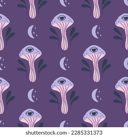 Mystical vector seamless pattern with trippy mushrooms, moon. Hand drawn fantasy fungi vector illustration. Psychedelic background with whimsical print for fabric, wrapping, digital paper.