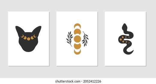 Mystical vector set - moon cat face, floral moon phases, snake. Celestial illustration isolated white. Trendy esoteric concept. Witchcraft symbols. Boho modern poster, card, magic t-shirt print.