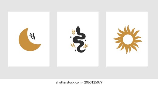 Mystical vector set - sun, snake, crescent moon. Celestial illustration isolated white. Trendy esoteric concept. Witchcraft symbols. Boho modern poster, card, magic t-shirt print.