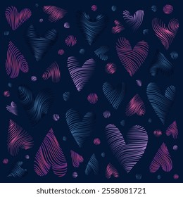 Mystical Vector Set of Wavy Gradient Hearts and Circles Resembling Magical Serpentine on Deep Blue Night Sky