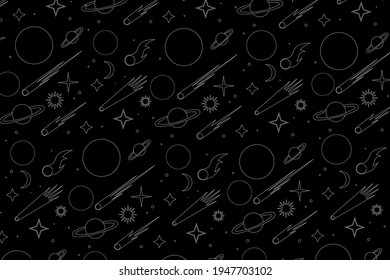 Mystical vector space seamless pattern with planets, stars and magic asteroids. Witch black and white universe
