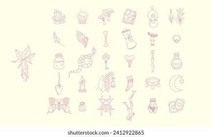 Mystical vector stickers, moon, hands, crystals, planets. Esoteric, mystical boho elements in flat style. Magic and witchcraft, witch esoteric alchemy.