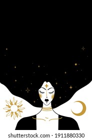 Mystical vector vintage illustration, face of a witch girl with black hair, card with copy space, space background with sun, moon and stars. Concept for meditation, tarot, witchcraft