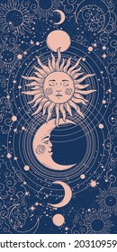 Mystical vertical banner with sun, moon and crescent, tarot card background, astrology magic illustration. Golden sun with closed eyes on a blue space background with stars. Vector engraving.