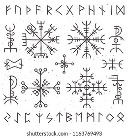 Mystical viking runes. Ancient pagan talisman, norse rune symbol amulet of odin magic helm for witchcraft. Mysticism awe ethnic ancient island north culture or tattoo sketch vector isolated icon set