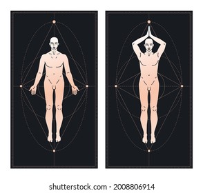 Mystical vintage geometry thin lines symbol with silhouette of a man. Yoga studio concept.