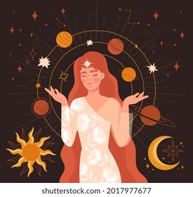 Mystical vintage style hand drawing. Portrait of a girl with stars and planets hovering around her head. Meditation, balance, spiritual calmness abstract concept. Flat cartoon vector illustration