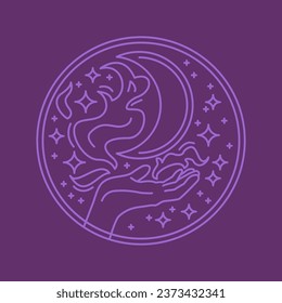 Mystical violet boho logo. Hand with magic, moon and stars in the sky round shape aesthetic icon.