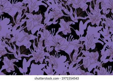 Mystical violet spotted seamless pattern with silhouettes and outline Lily flowers drawn by hand. Home textile, wallpaper, fabric, bedding, package, posters.