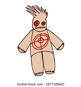 muñeca mística vudú con objetivo rojo en el cuerpo, símbolo de magia negra y dolor, ilustración de color vectorial con líneas de contorno marrón aisladas en fondo blanco dibujado a mano, estilo doodle y caricatura
