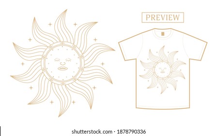 Mystical whimsical magic sun with sleeping face mandala vector illustration tshirt design