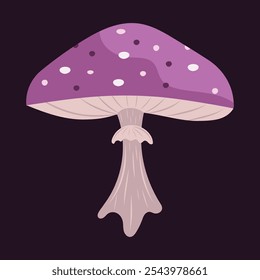 Mystical whimsical purple forest mushroom illustration with dotted cap on black background. Cute vector mushroom in fantasy botany concept. For postcards, posters, magic decor.