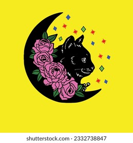 Mystical Whiskers: Moon Cat Vector- This captivating artwork combines the mysterious allure of the moon with the charming presence of a feline companion, creating an atmosphere of magic and wonder.