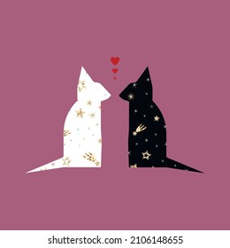 Mystical white and black cat in trendy boho style. Valentine's Day concept. Vector magic cats silhouette with stars and prints, T-shirt, tattoo, social media post and stories.