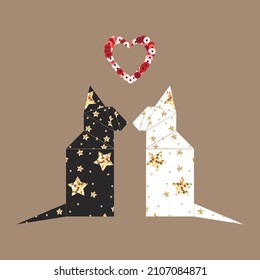 Mystical white and black cat in trendy boho style. Golden stars and sequin heart. Valentine's Day concept. Vector magic cats silhouette with stars and prints, T-shirt, tattoo, social media.