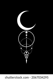 Mystical white Moon logo, half moon, Sacred geometry. Crescent moon pagan Wiccan goddess symbol, silhouette wicca banner sign, feminine energy circle, boho style vector isolated on black background