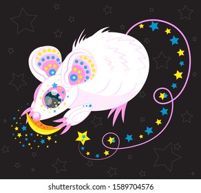 Mystical white mouse eats cheese
