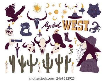 Mystical wild west collection. Vector hand drawn objects. Clip art collection of western witches, stars, wolves, skulls and other mystical decor.