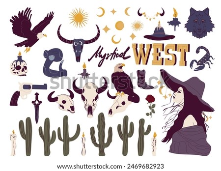 Mystical wild west collection. Vector hand drawn objects. Clip art collection of western witches, stars, wolves, skulls and other mystical decor.