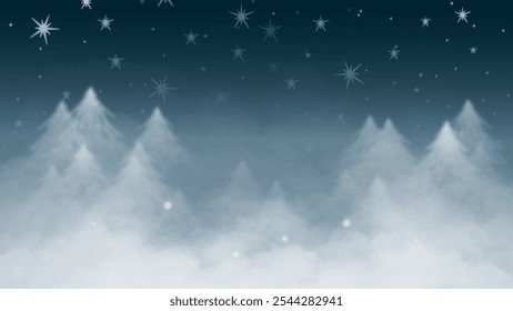 Mystical winter scene with soft, snowy mountains rising through a hazy mist under a starlit sky. Stars twinkle above the peaks, creating a magical and serene atmosphere.