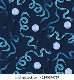  mystical witch background snake and full moon vector seamless pattern